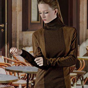 Designer Brown Two Tone Long Turtleneck Sweater